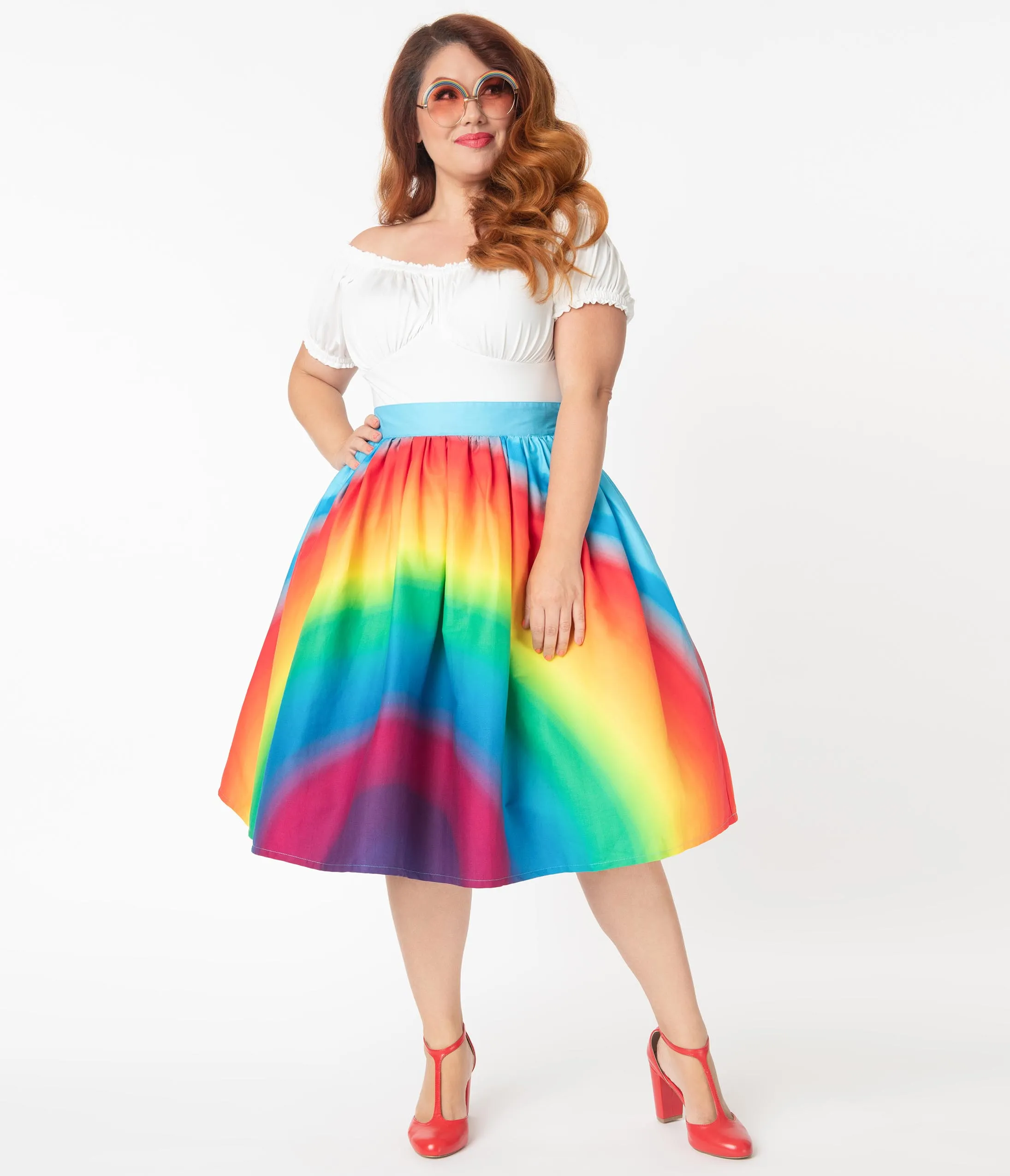 Unique Vintage Plus Size 1950s Rainbow Print Swing Skirt