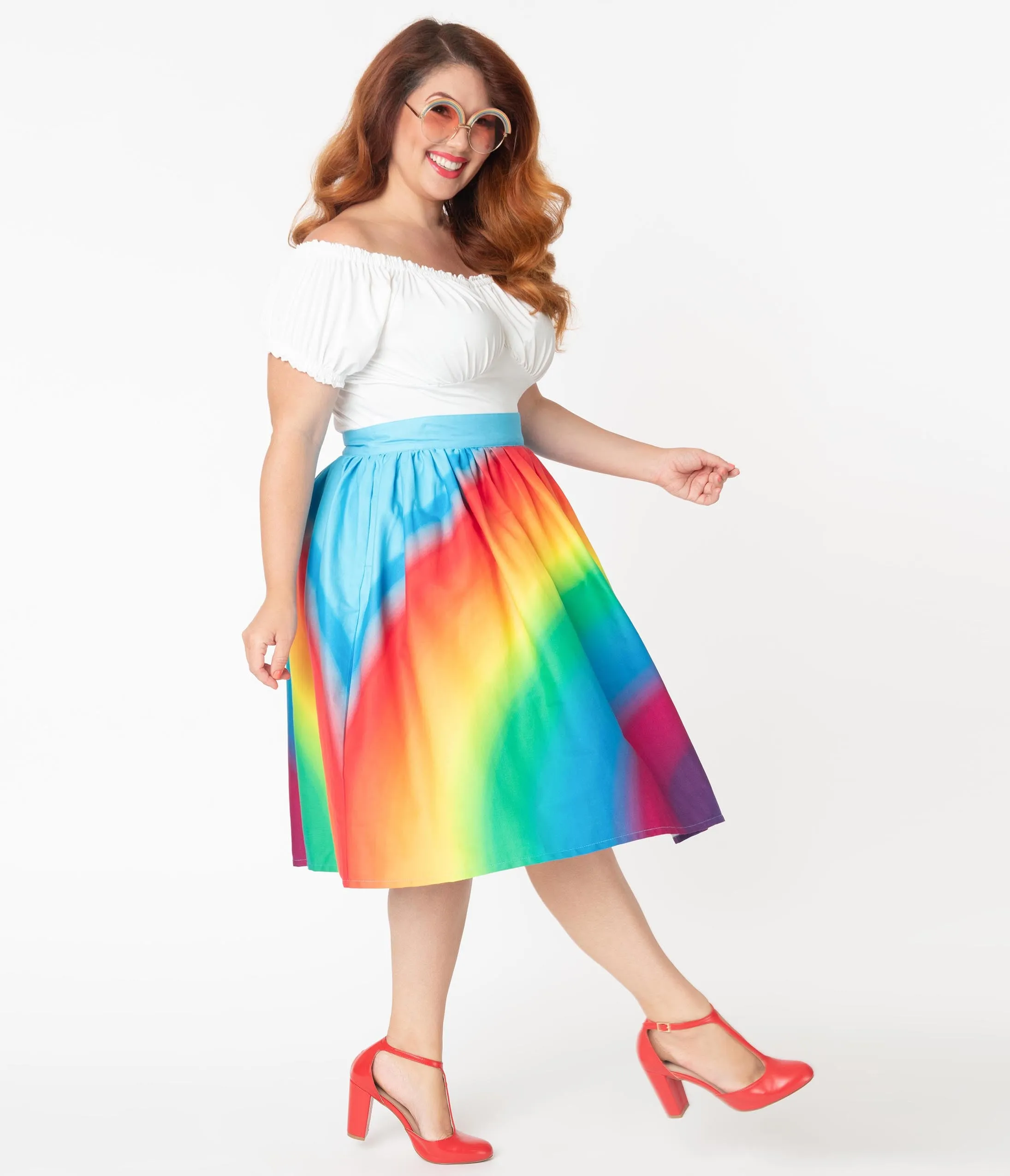 Unique Vintage Plus Size 1950s Rainbow Print Swing Skirt