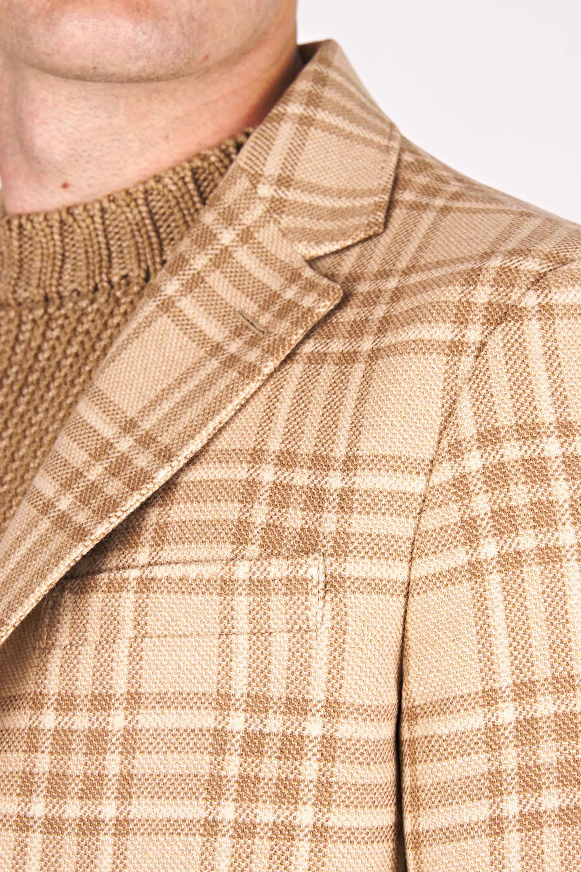 Unstructured Camel Wool Single-Breasted Check Jacket