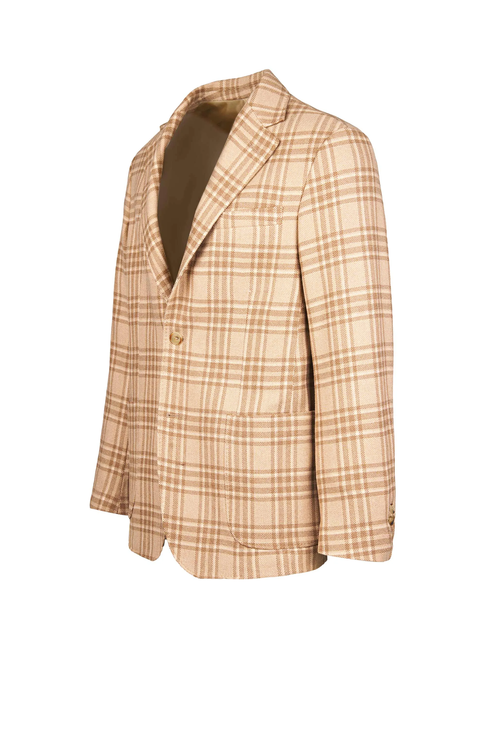 Unstructured Camel Wool Single-Breasted Check Jacket