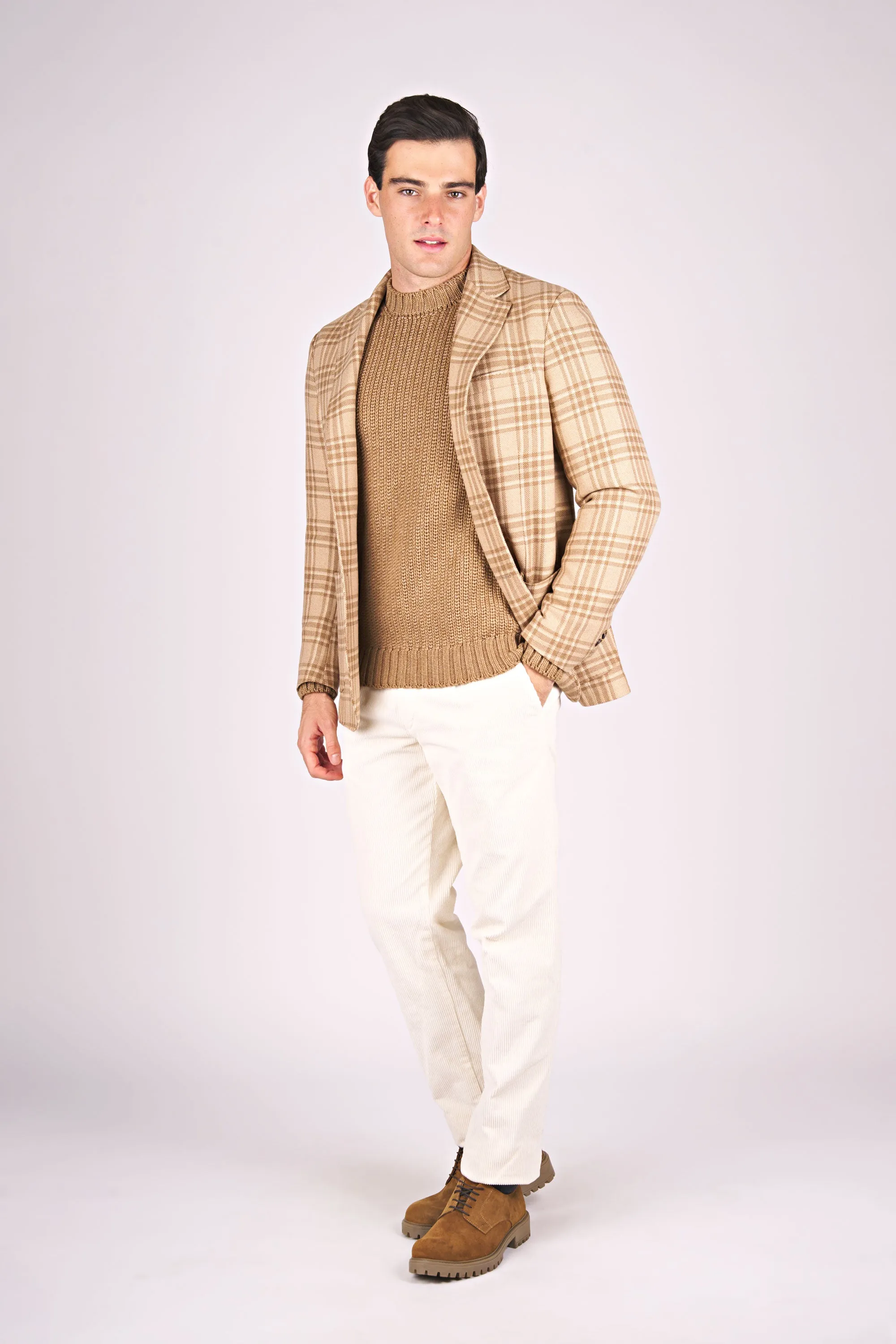 Unstructured Camel Wool Single-Breasted Check Jacket