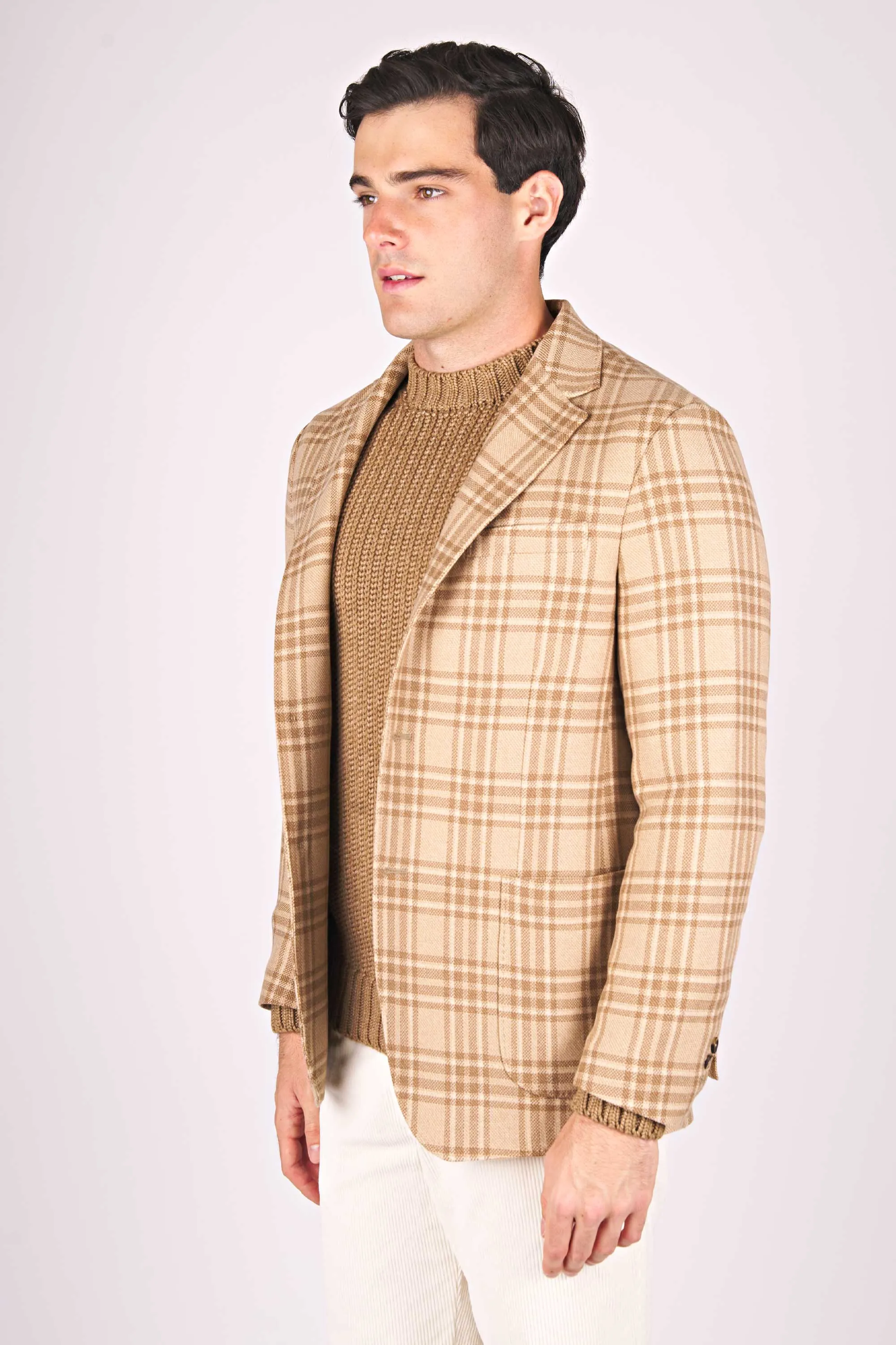 Unstructured Camel Wool Single-Breasted Check Jacket