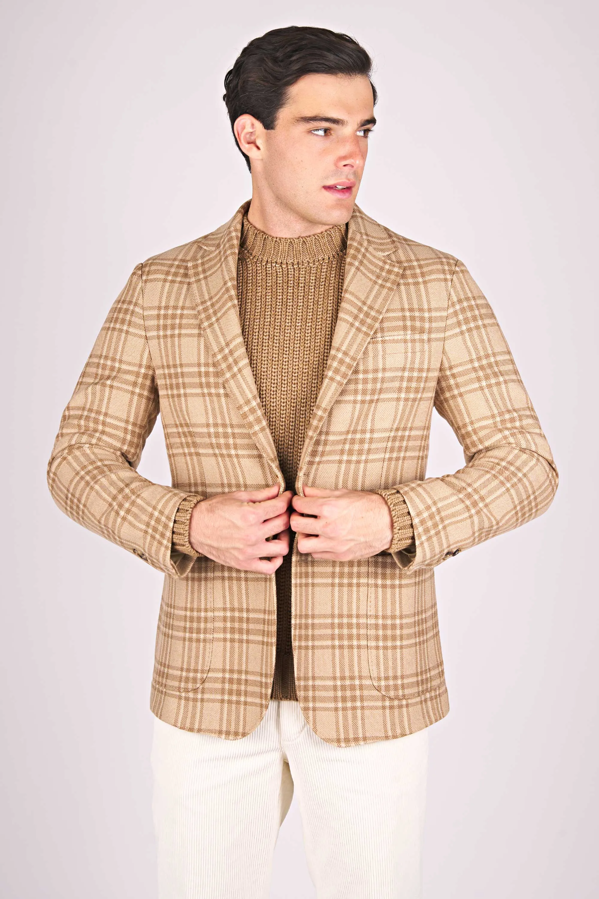 Unstructured Camel Wool Single-Breasted Check Jacket