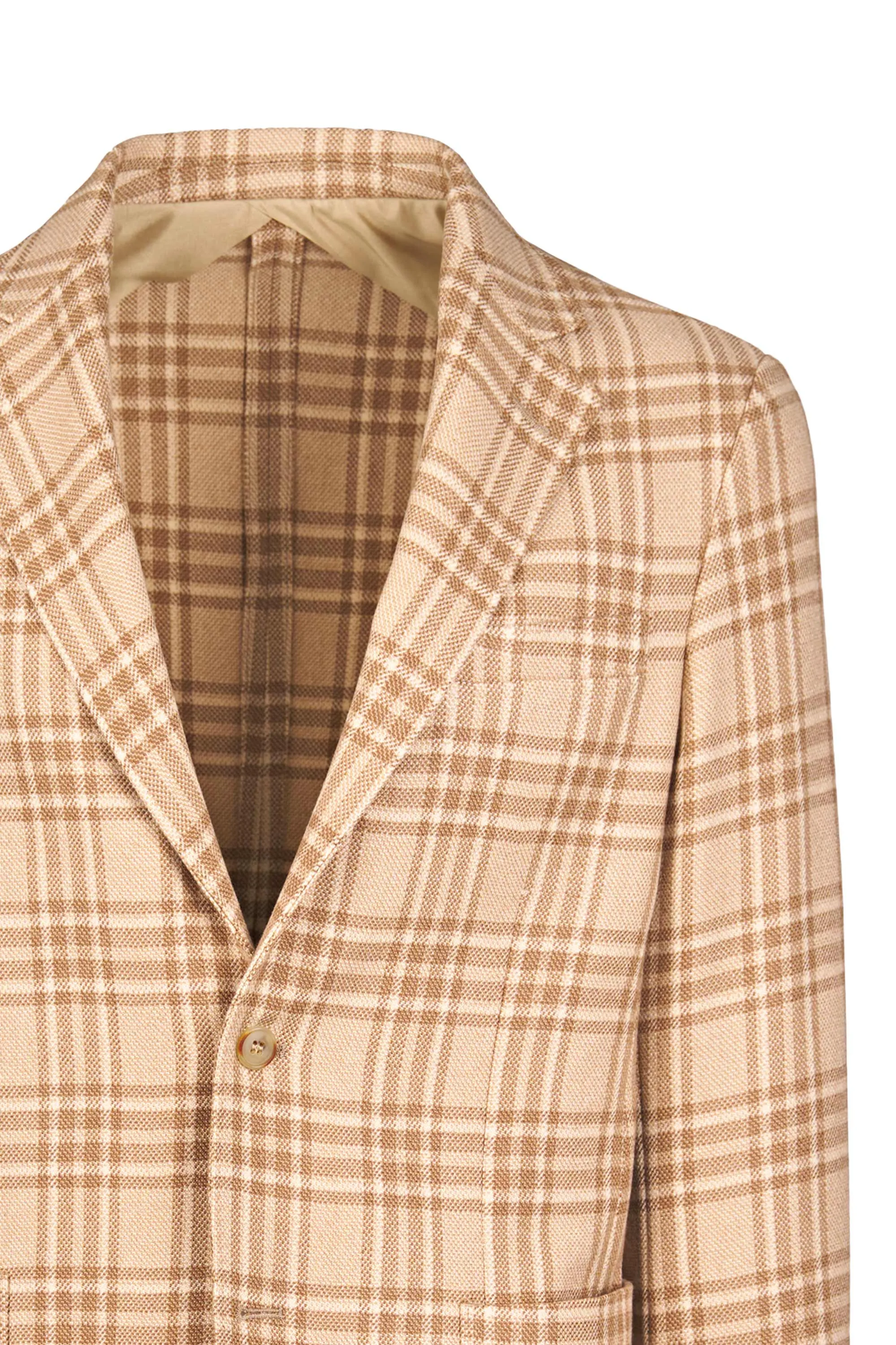 Unstructured Camel Wool Single-Breasted Check Jacket