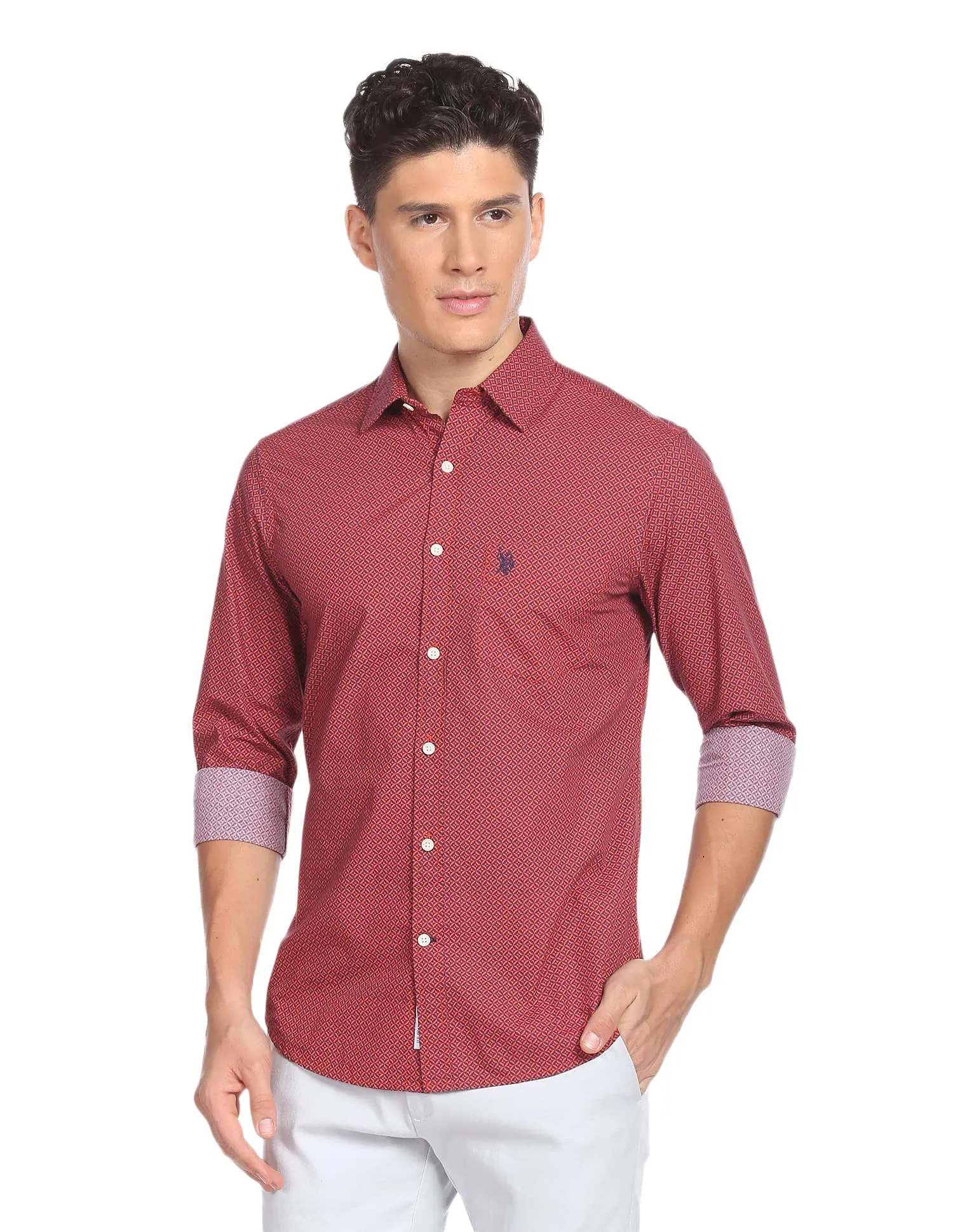 U.S. POLO ASSN. Mens Printed FS Shirts (USSHTFX0092_RED_M)