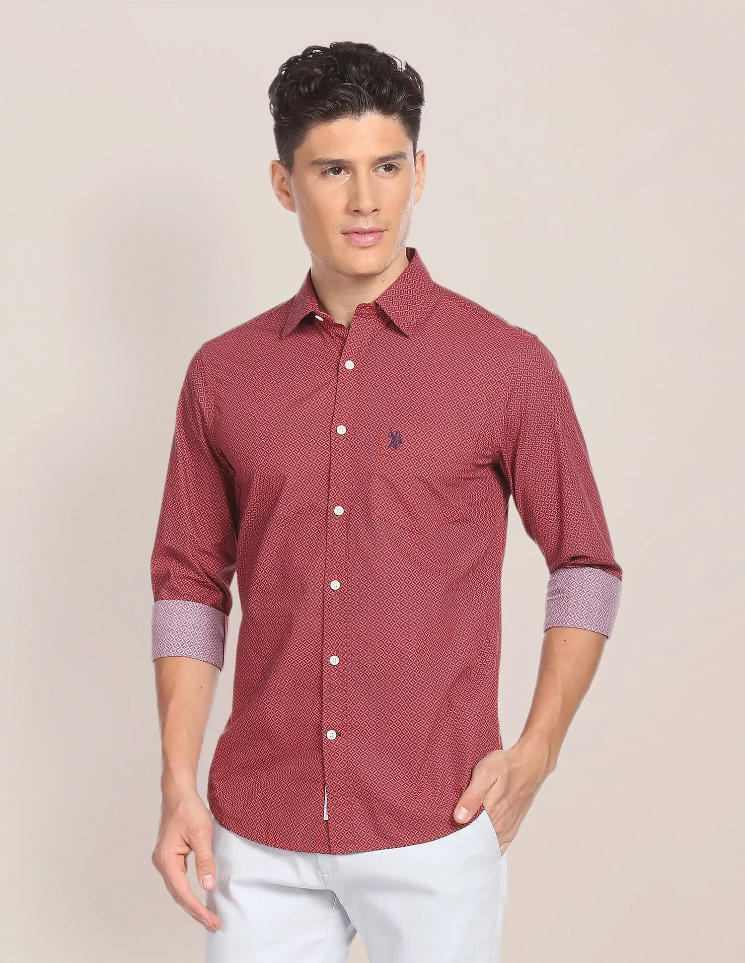 U.S. POLO ASSN. Mens Printed FS Shirts (USSHTFX0092_RED_M)