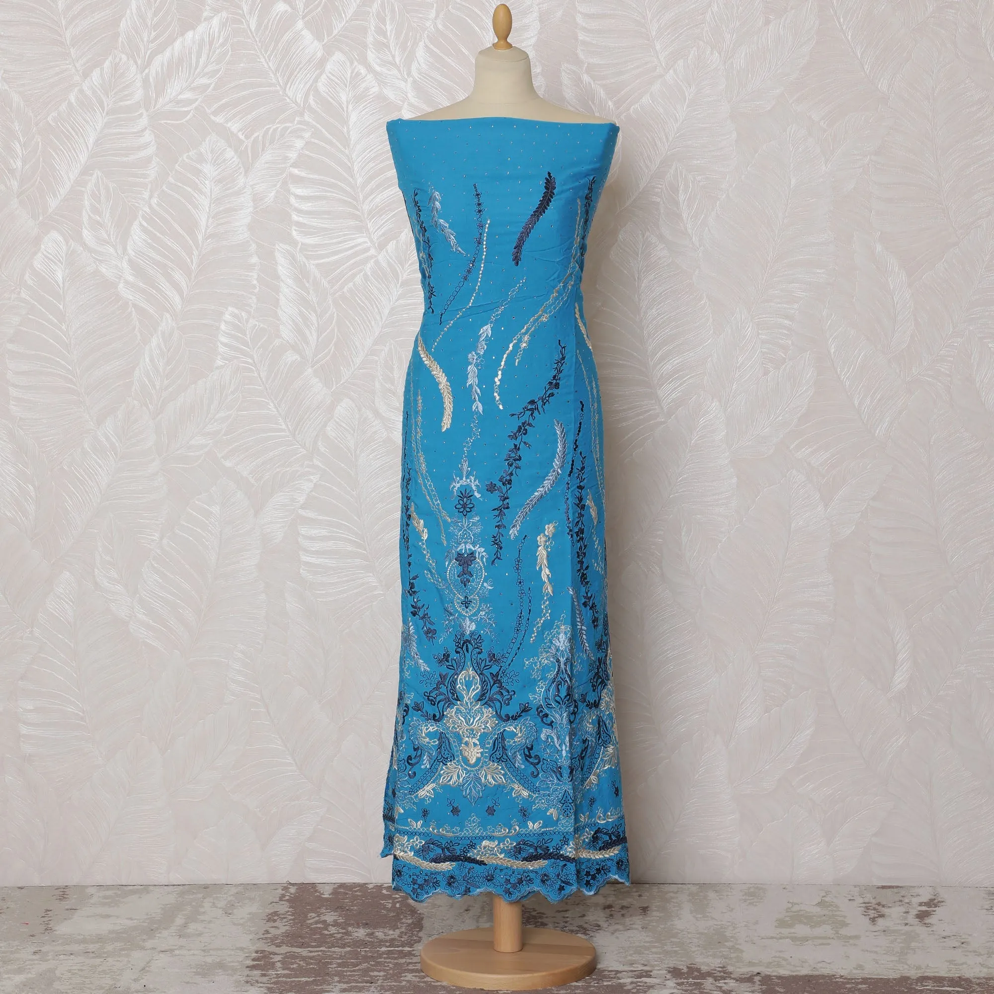 Vibrant Blue Blended Cotton Fabric with Intricate Embroidery - Last Piece of 3.0 Meters, 110 cm Width-D19787