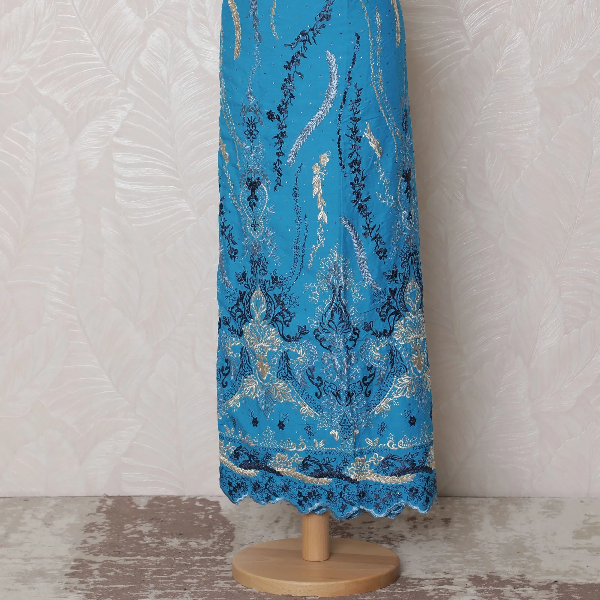 Vibrant Blue Blended Cotton Fabric with Intricate Embroidery - Last Piece of 3.0 Meters, 110 cm Width-D19787