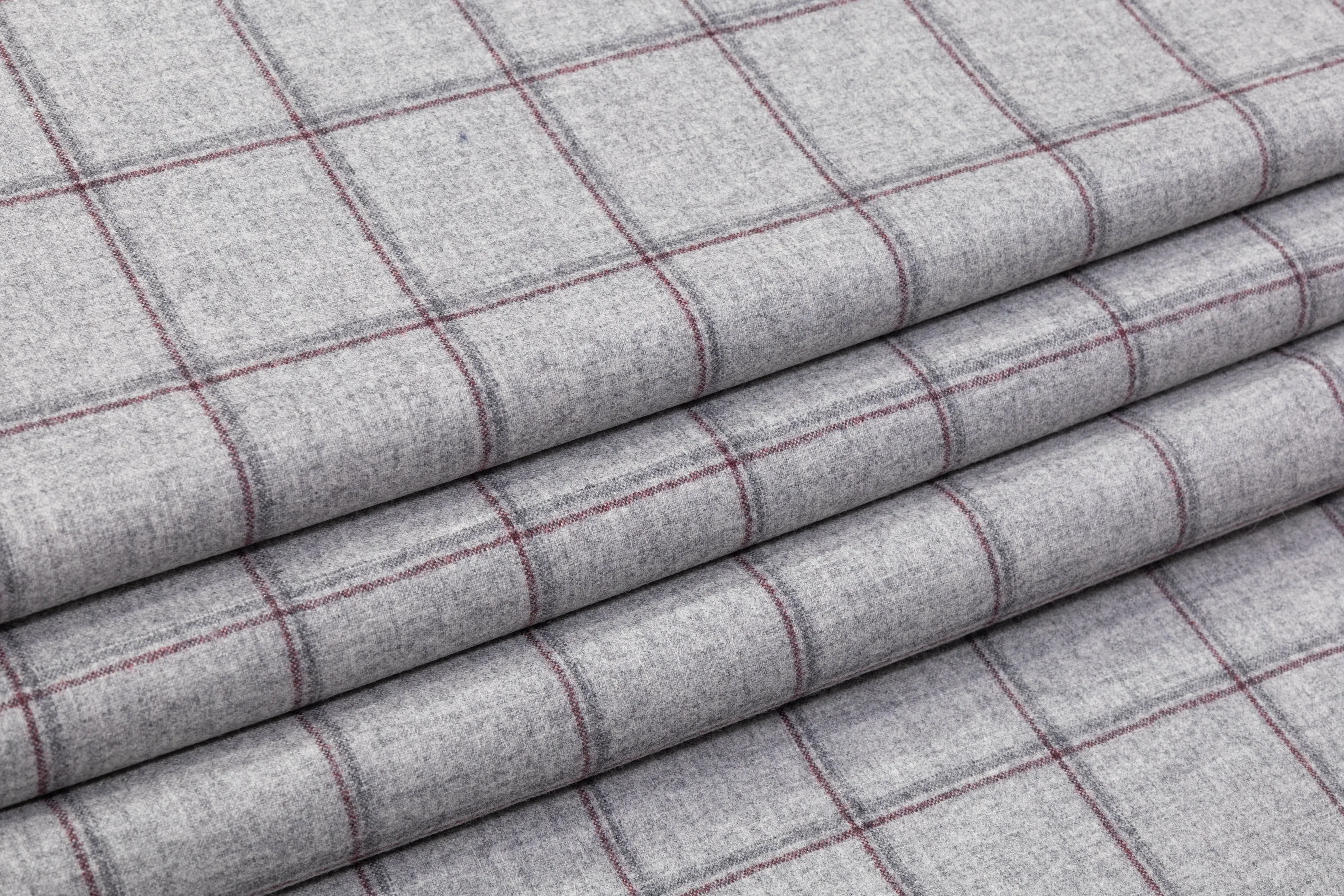 Windowpane Italian Wool Flannel Suiting - Gray / Burgundy