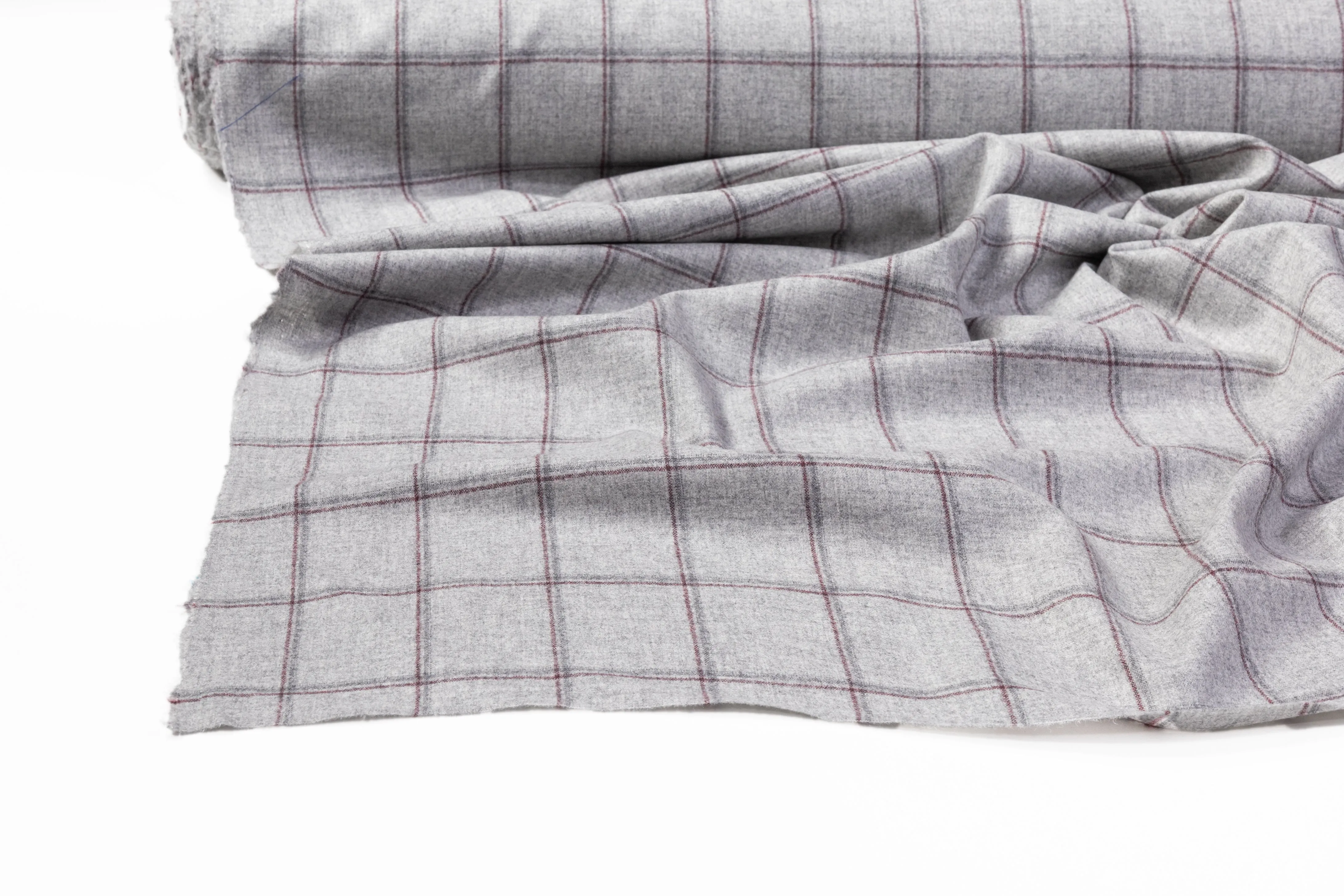 Windowpane Italian Wool Flannel Suiting - Gray / Burgundy