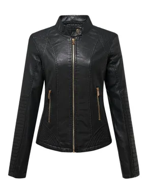 Women Sharp Stand Collar Slim Fit Leather Jacket