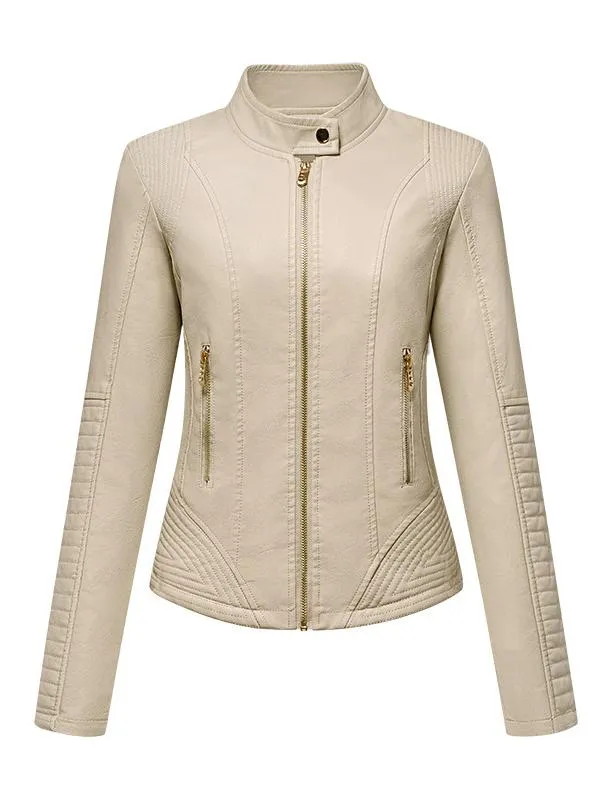 Women Sharp Stand Collar Slim Fit Leather Jacket