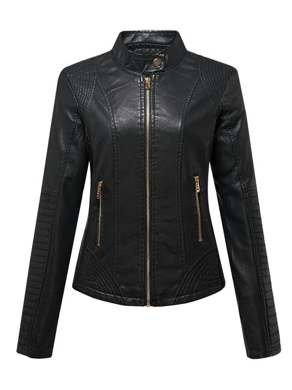 Women Sharp Stand Collar Slim Fit Leather Jacket