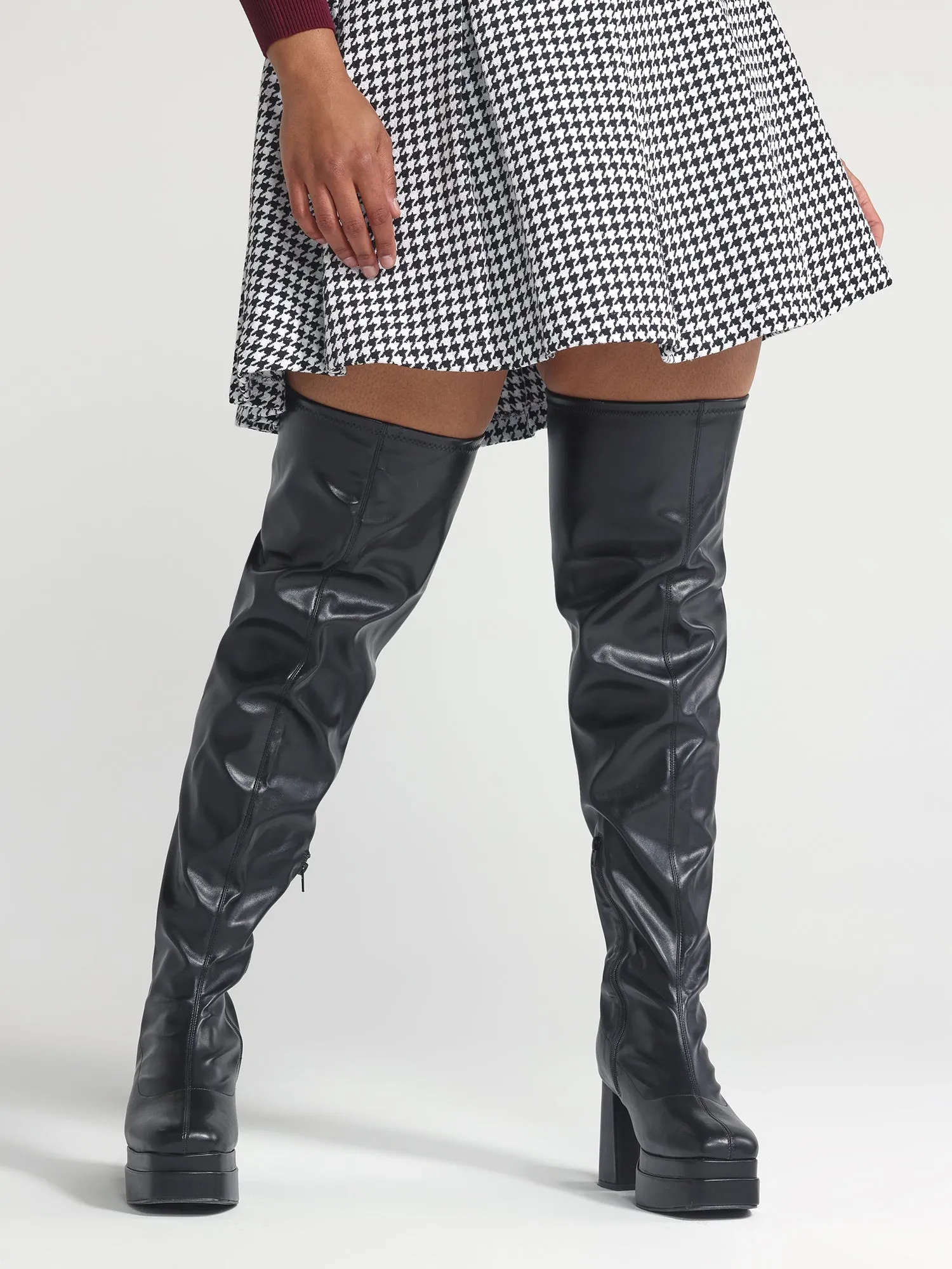 Zaila Faux Leather Thigh-High Platform Wide Calf Boots